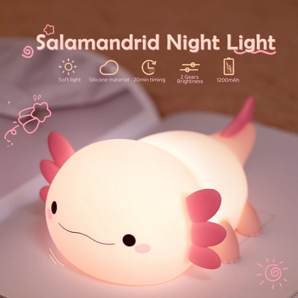 Cute Axolotl Night Light Rechargeable Bedside Lamp