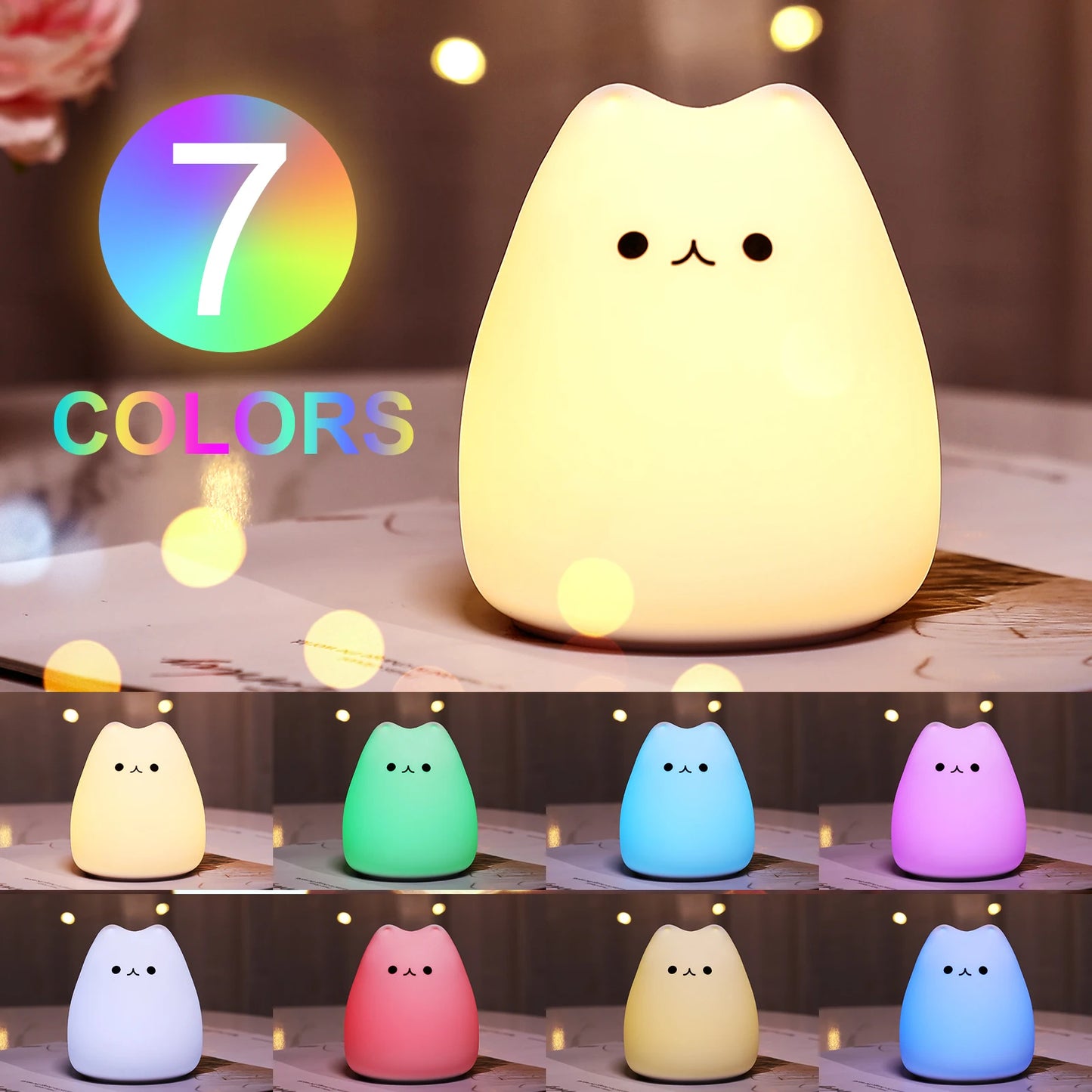 Mini Kawaii Popular Cat Baby Night Lamp 7-color Bedroom Bedside Nightlight