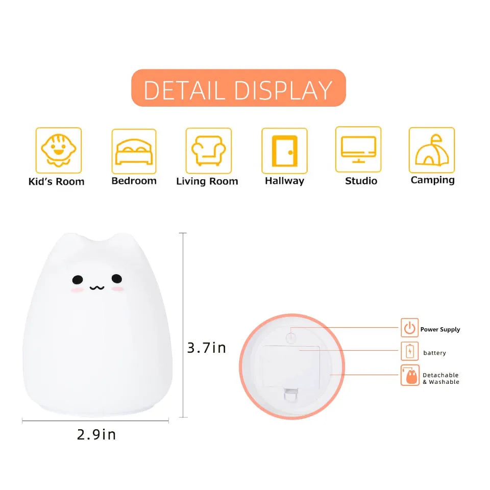 Mini Kawaii Popular Cat Baby Night Lamp 7-color Bedroom Bedside Nightlight