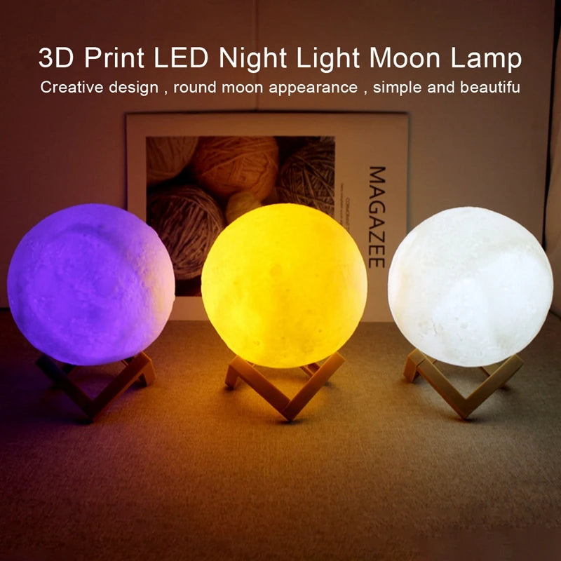 8cm Moon LED Night Light Lamp Battery Powered With Stand Starry Lamp Bedroom Home Decor